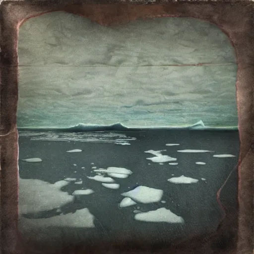 Prompt: horrific painting of an ice floe meeting magma in the middle, in the style of vintage photography, textured, skewed perspective, last photo ever taken, apocalyptic event