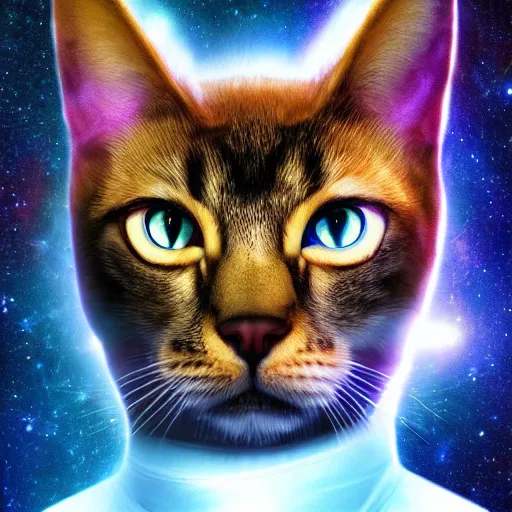 Image similar to all knowing galaxy cat god of the celestial cosmos, trending on artstation, nasa photos, 4 k, hyper realism, high detail, cinematic, cinematic lighting, epic, realistic, fantasy