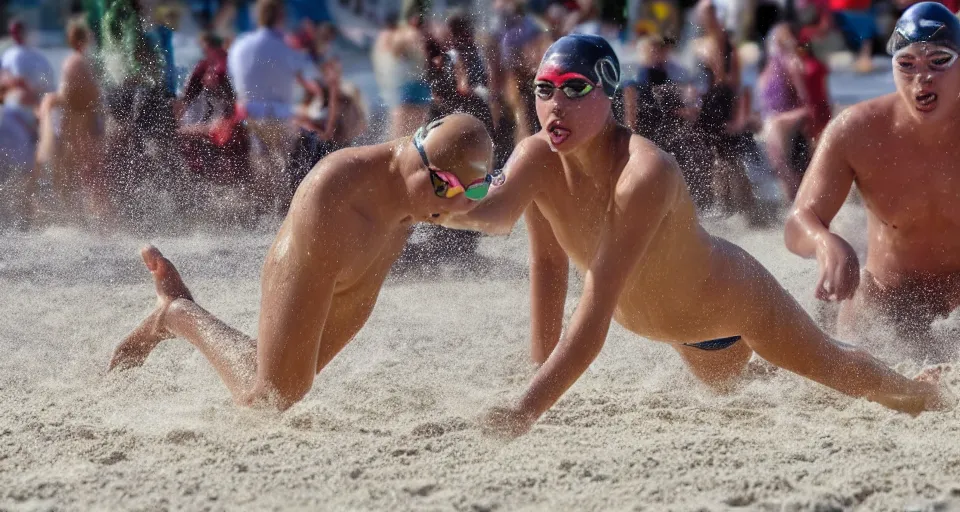 Image similar to championship swimming in sand instead of water, extremely coherent, motion blur