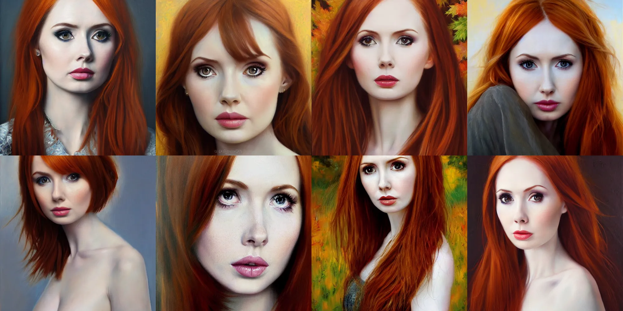 Prompt: stunning serene portrait of Karen Gillan by Mark Arian, oil on canvas, masterpiece, realism, piercing gaze, autumn bokeh