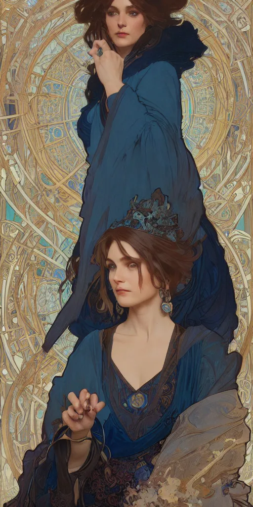 Image similar to Beautiful female wizard with blue robes wearing an intricate arcane makeup, digital art, art by Alphonse Mucha, Greg Rutkowski, Alex Ross, WLOP, Artstation, 8K