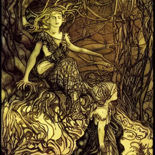 Image similar to terrible eyes from another world look out of the darkness, fabulous illustrations, oil painting, symmetric, elegant, illustrations by irish fairy tales james stephens arthur rackham, 4k, 8k ,