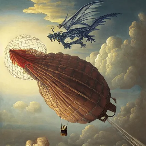 Image similar to baroque painting of a hot air balloon being attacked by a medieval flying dragon, extremely detailed, render, 4K