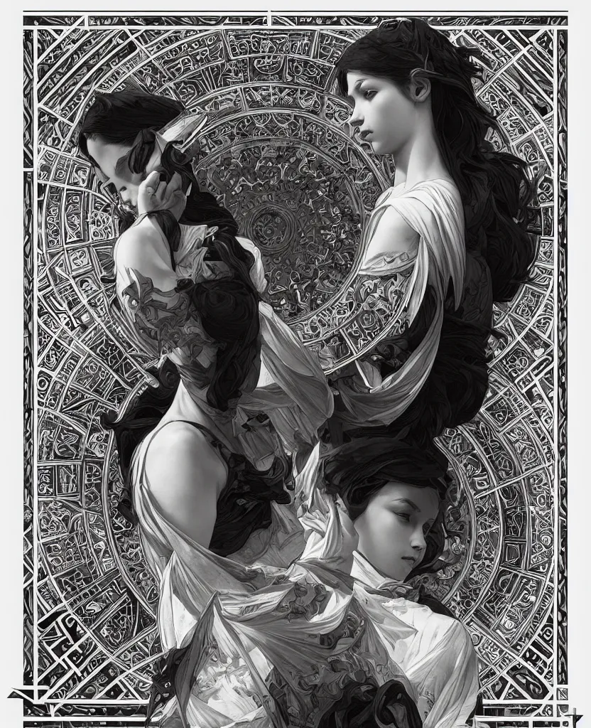 Prompt: black and white photography of geometrical alchemical glyphs, deep focus, intricate, elegant, highly detailed, artstation, concept art, matte, sharp focus, 4 k, depth of field, art by artgerm and greg rutkowski and alphonse mucha