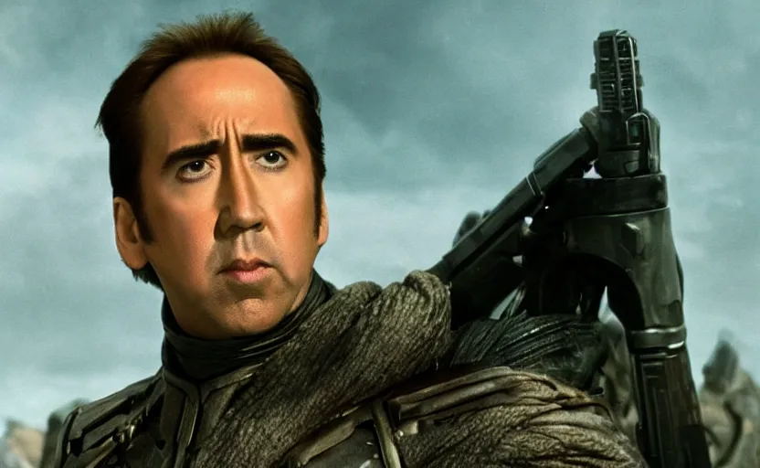 Image similar to Nicholas Cage!! in Dune 2021 by denis villeneuve, screenshot, still, movie poster, wallpaper, movie scene, Dune!