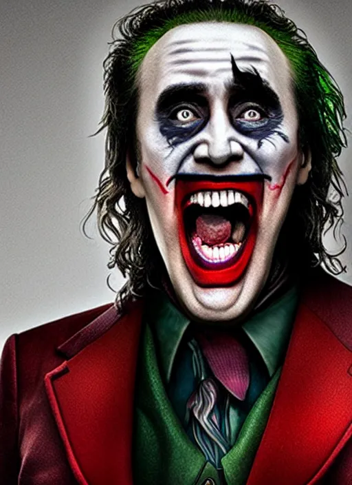 Prompt: photo of a 40-year-old Nicolas Cage (2021) as the Joker by Sergei Vasiliev, big smile, detailed, award winning, Sony a7R