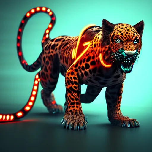 Image similar to a neon cyberpunk cyborg jaguar animal pouncing, octane render