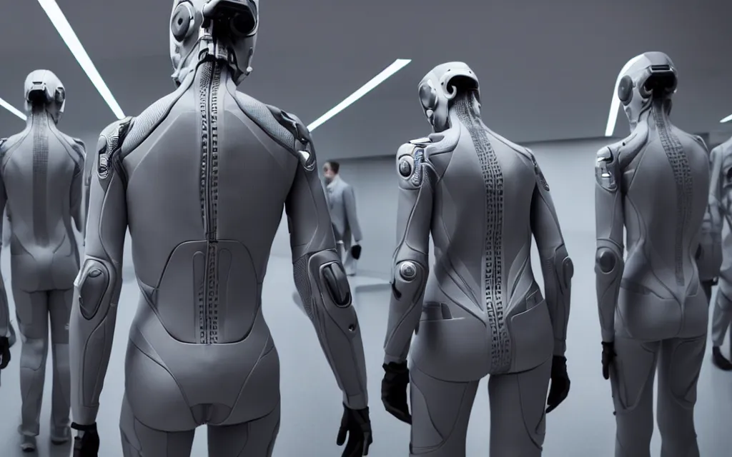 Prompt: love, diverse grey cybersuits, from behind, wide wide angle, vivid, elaborate, highly detailed, beautiful lighting