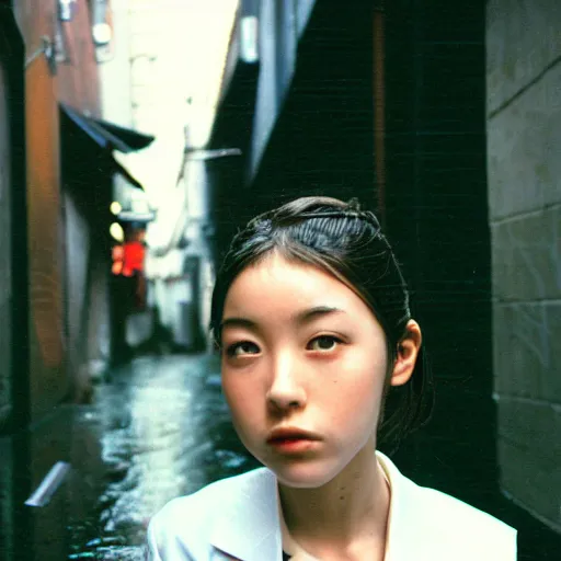 Image similar to 1990s perfect 8K HD professional cinematic photo of close-up japanese schoolgirl posing in sci-fi dystopian alleyway at morning during rain, at instagram, Behance, Adobe Lightroom, with instagram filters, depth of field, taken with polaroid kodak portra