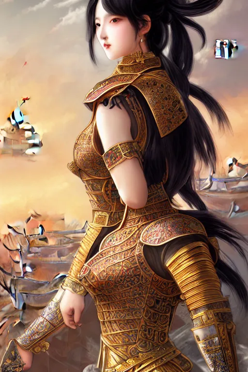 Prompt: portrait black hair young knights of Dynasty Warriors girl, rose golden color armor, in ruin chinese palace rooftop sunrise, ssci-fi and fantasy, intricate and very beautiful and elegant, highly detailed, digital painting, soft light, artstation, concept art, smooth and sharp focus, illustration, art by tian zi and WLOP and alphonse mucha