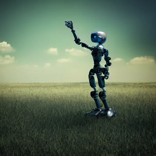 Image similar to futuristic robot bent on knees towards a burning field, photograph, smoke, dark, 8k, detailed