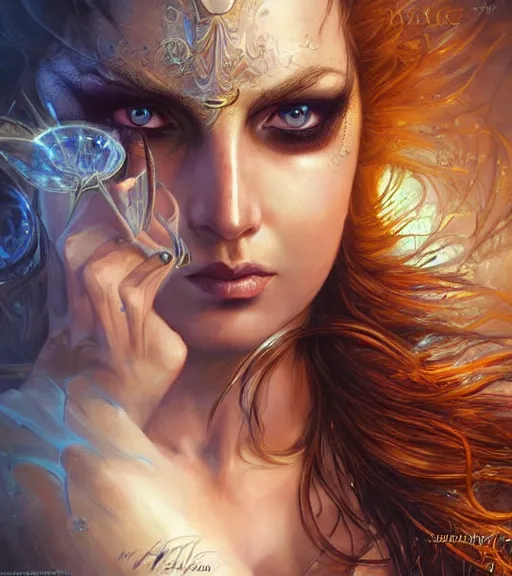 Image similar to a higly detailed full body shot portrait painting of a female sorceress with piercing beautiful eyes, dynamic lighting, ambient lighting, deviantart, art by artgerm and karol bak and mark brooks