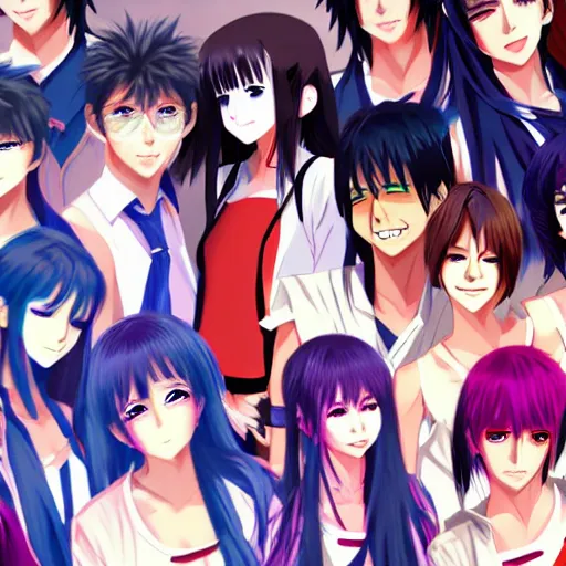Image similar to there were eight anime people, no more than eight. Less than nine but more than seven, eight eight eight, 2 girls 6 guys digital art masterpiece 4k detailed eyes detailed face sharp cute smiles seductive