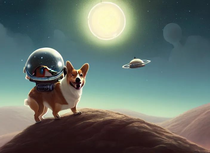 Prompt: highly detailed illustration of a corgi wearing a space helmet on an alien planet, artstation, cinematic lighting, hyperdetailed, cgsociety, 8k, high resolution, Charlie Bowater, Tom Bagshaw, Norman Rockwell, insanely detailed and intricate