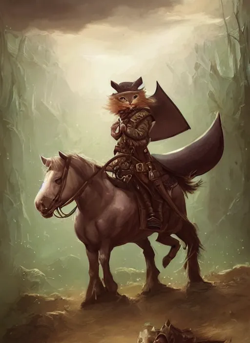 Image similar to cute little cat with wide - brimmed hat riding horse, tiny, small, miniature animal, baby animal, short, pale black armor, cute and adorable, pretty, beautiful, dnd character art portrait, matte fantasy painting, deviantart artstation, by jason felix by steve argyle by tyler jacobson by peter mohrbacher, cinematic lighting