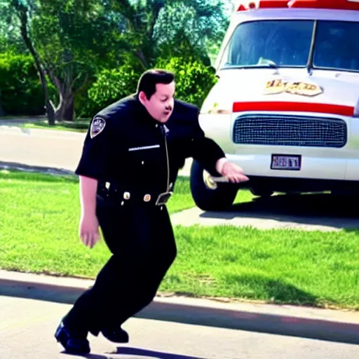 Image similar to paul blart getting hit by an ice cream truck, still from paul blart mall cop