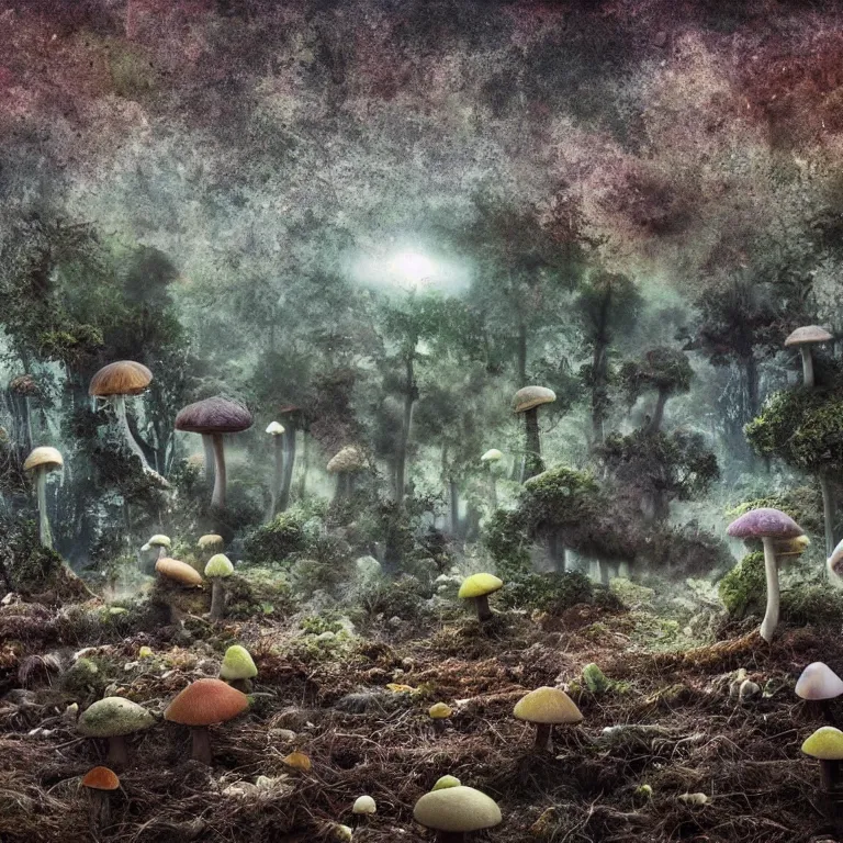 Image similar to a planet of various fungus, mushrooms and plants, inside the picture is infinity, Atmospheric phenomenon, artistic photography, muted colors, conceptual, long exposure outside the city, volumetric light