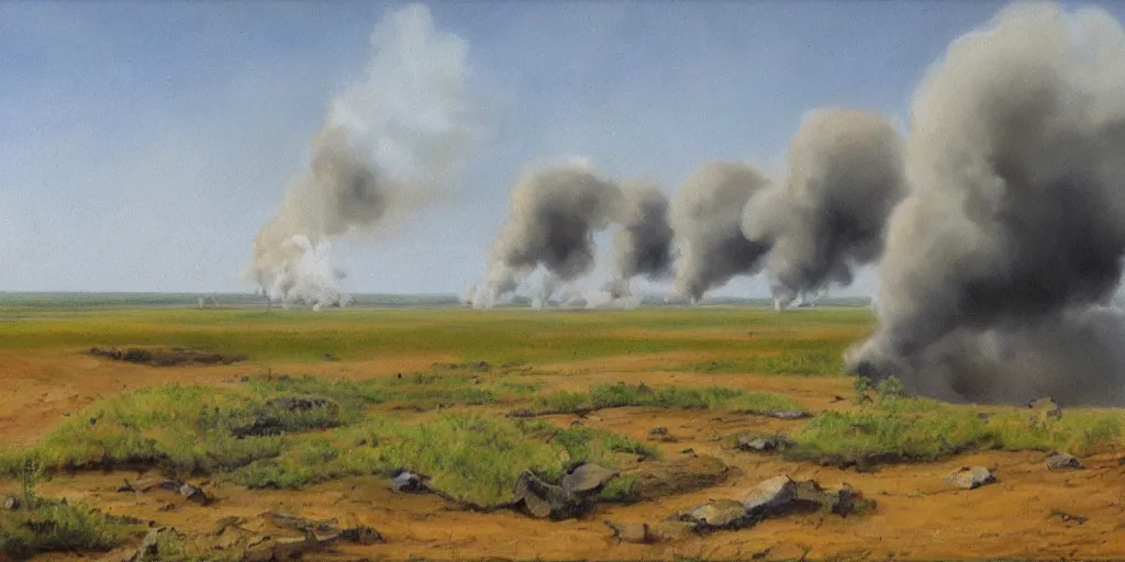 Image similar to an eastern front battlefield landscape, summertime, shell craters, distant smoke column on the horizon, oil painting in the style of peredvizhniki