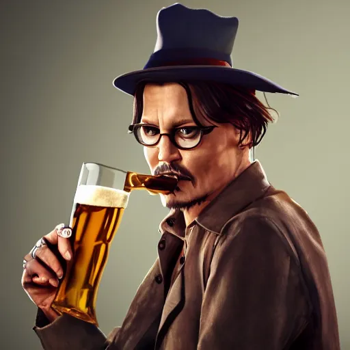 Image similar to Photorealistic Johnny Depp drinking a mega pint of wine, Hyperdetailed, 108 Megapixels, Artstation concept art