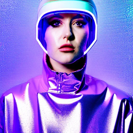 Prompt: an ultra high definition professional studio quality portrait photograph of an artificial celebrity cyberpunk pop star wearing a transparent iridescent perspex pastel coloured face visor and matching raincoat in an empty white room. dramatic lighting. volumetric shadows. light rays