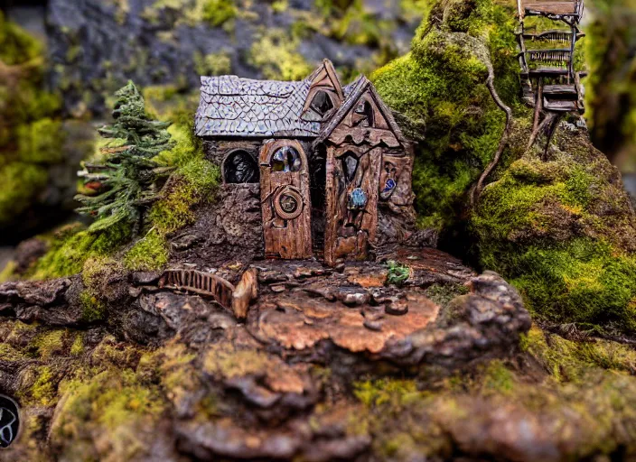 Image similar to high - res gopro photograph of a eood sculpture diorama with fantasy castles, highly detailed sculpey diorama, forest setting in iceland, waterfall backdrop, realistic materials, wood, felt, cloth, burlap, copper wire, hot glue, smooth, sharp foccus, commercial product photography,