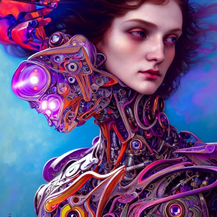 Image similar to bright psychedelic portrait of organic cyborg, wings, volumetric smoke, diffuse lighting, fantasy, intricate, elegant, highly detailed, lifelike, photorealistic, digital painting, artstation, illustration, concept art, smooth, sharp focus, art by John Collier and Albert Aublet and Krenz Cushart and Artem Demura and Alphonse Mucha