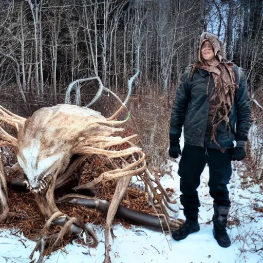 Prompt: a photograph of a cryptid hunter wearing the remains of a wendigo, hyper realistic, photorealistic, highly detailed