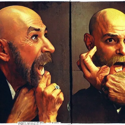 Prompt: bald man with a kung fu beard saying no, painted by norman rockwell