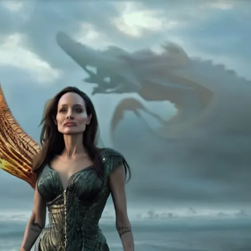 Prompt: angelina jolie as khaleesi riding a dragon