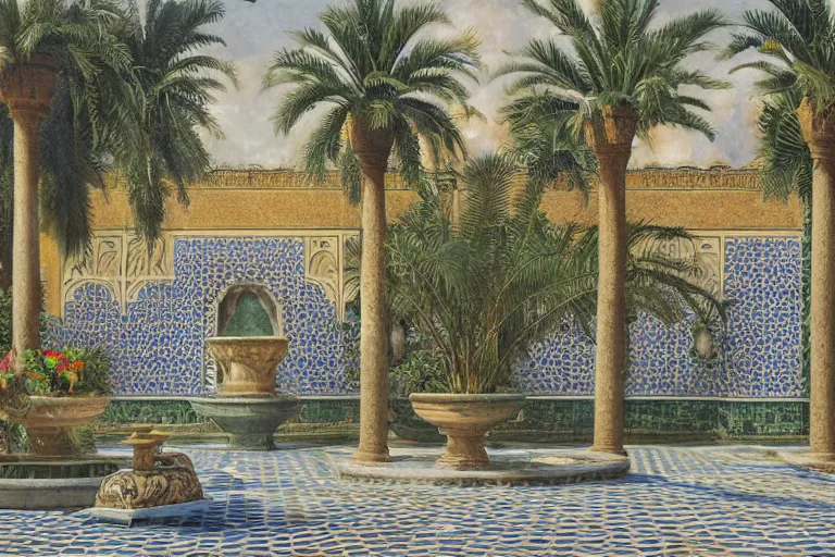 Image similar to painting of a beautiful moorish palace courtyard garden, by ludwig deutsch, patterned tilework, palm trees, tiled fountains, extremely detailed, cinematic lighting, smooth sharp focus