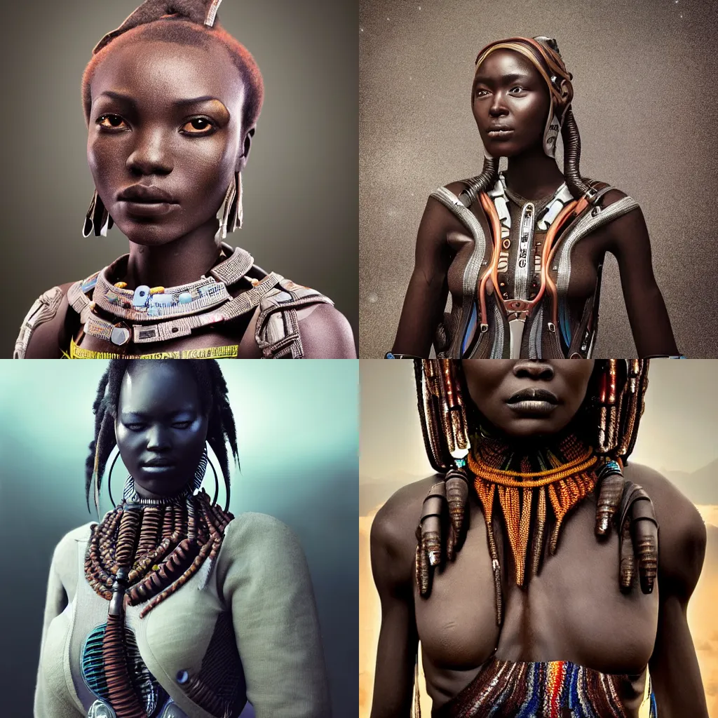 Prompt: beautiful afrofuturistic himba women, otjize, led detailed spacesuit, himba hairstyle, robotic arms, hyperrealistic, scifi, retouched photograph, dark, muted colors