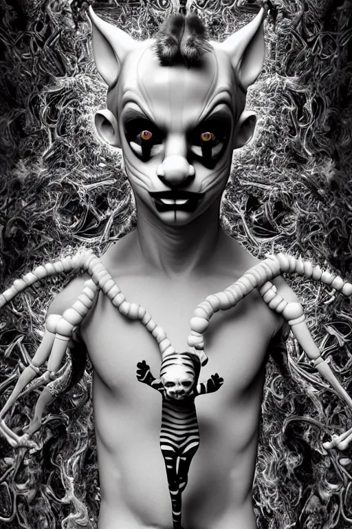 Prompt: 1 6 k neon - monochrome 3 d of cgsociety : - nude kid - boy with cat - black - clown makeup by nick knight ( him body : biomechanical sculpture, persian rug, mandelbulb 3 d fractal kawaii - shotacon 3 d - anime style with him face : hyperrealistic human face, satanic pattern style by jonas akerlund and lee griggs