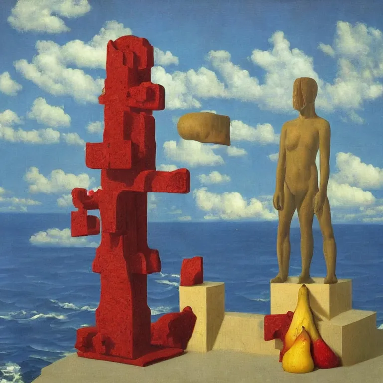 Image similar to A Monumental Public Sculpture of a 'Time Machine for Mistakes made out of Fruit Snacks' on a pedestal by the Sea, surreal oil painting by Rene Magritte and Max Ernst shocking detail hyperrealistic!! Cinematic lighting