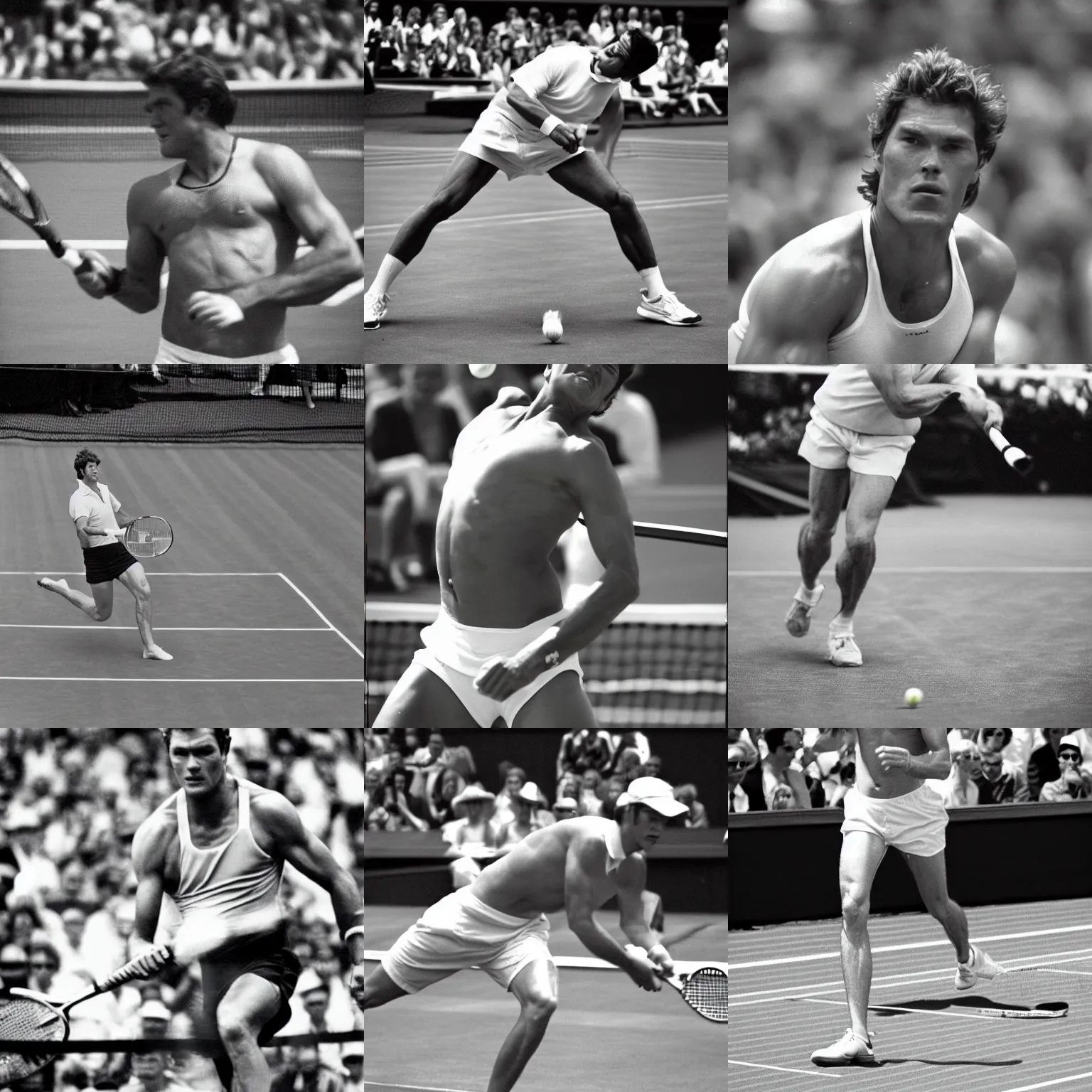 Prompt: magazine photo david hasslehoff competing at wimbledon, 3 5 mm lens, close up, detail