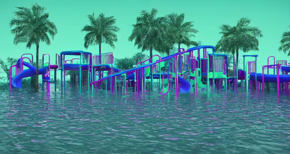 Image similar to 80s VHS vaporwave outrun 3d Render of a flooded playground, liminal space retro, grainy, noisy