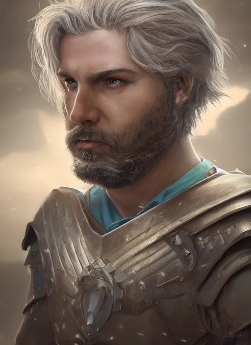 Image similar to an epic fantastic realism comic book style portrait painting of an aasimar paladin, male, silver shaggy hair, short brown beard, d & d concept art, unreal 5, daz, teal aesthetic, octane render, cosplay, rpg portrait, dynamic lighting