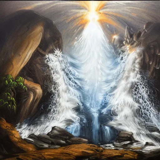 Image similar to oil painting of a dragon flying in the air near a cave with a waterfall in the center, light emanating from the waterfall leading to a big pool of water, dragon has black and white siberian tiger stripes, elegant, sharp focus, wide shot, clear, detailed, early renaissance