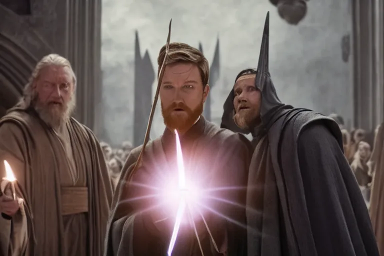 Prompt: film still, kenobi in a wizarding pointy hat waves a wand in the new harry potter movie,
