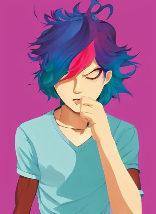 Prompt: a young man with beautiful rainbow hair. he looks very angry. clean cel shaded vector art. shutterstock. behance hd by lois van baarle, artgerm, helen huang, by makoto shinkai and ilya kuvshinov, rossdraws, illustration, art by ilya kuvshinov