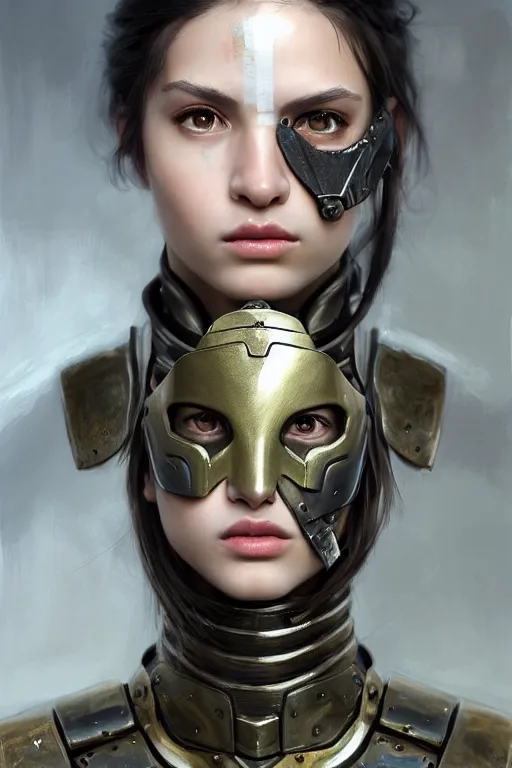 Image similar to a photorealistic painting of an attractive young girl, partially clothed in metal-plated battle armor, olive skin, long dark hair, beautiful bone structure, symmetrical face, perfect eyes, intricate, elegant, digital painting, concept art, illustration, sharp focus, minimal artifacts, from Metal Gear, in the style of Ruan Jia and Mandy Jurgens, by Greg Rutkowski, trending on Artstation, award winning