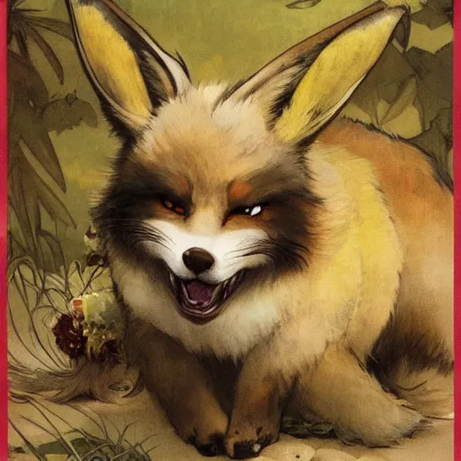 Image similar to an adorable zany girly alluring chubby charming but vicious fennic fox wolf rabbit hybrid, with long floppy rabbit ears, wearing a bow on the top of its head, grinning at the camera with a mischievous look, sharp teeth, happy lighting, at a tropical beach, greg rutkowski and alphonse mucha and jin xiaodi and anthony devine