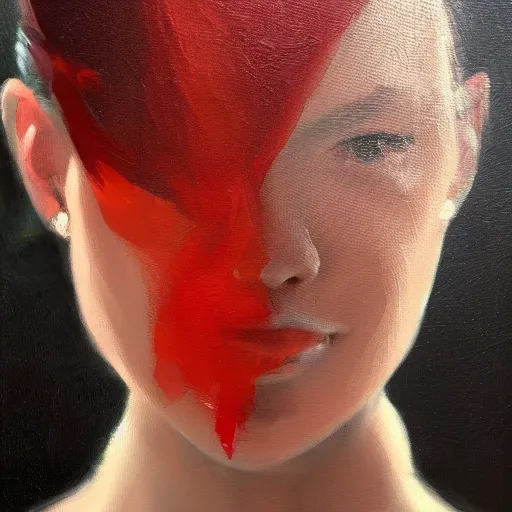 Prompt: a portrait of an intensely lit female, red, oil painting, pale colors, high detail, 8 k, wide angle, trending on artstation,