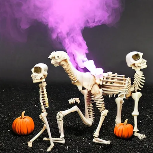 Prompt: llama skeleton fog machine halloween horror scene