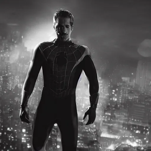 Image similar to ryan reynolds in a black and white spider - man suit, cinematic, volumetric lighting, f 8 aperture, cinematic eastman 5 3 8 4 film, photorealistic