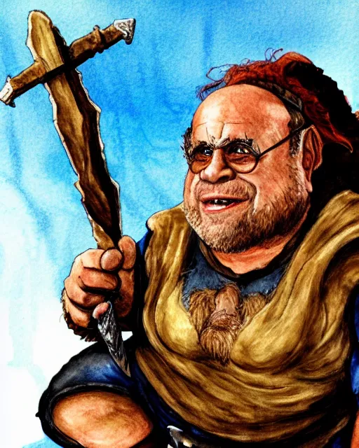 Image similar to Danny DeVito as a dwarf barbarian, water color, Dungeons and Dragons, Wizards of the Coast