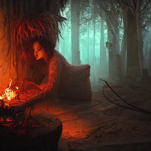 Image similar to Photorealistic cinematic witch ritual. Hyperdetailed photorealism, 108 megapixels, amazing depth, glowing rich colors, powerful imagery, psychedelic Overtones, 3D finalrender, 3d shading, cinematic lighting, artstation concept art