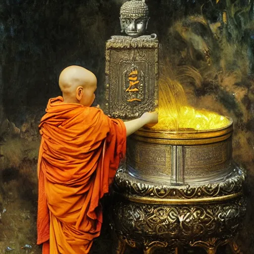 Image similar to highly cunning buddhist monk pouring liquid gold into monk kid head baroque style, painting by gaston bussiere, craig mullins, j. c. leyendecker, lights, art by ernst haeckel, john william godward, hammershøi,