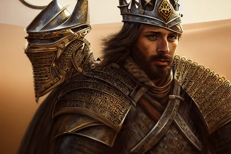 Image similar to Portrait of a handsome king in the desert, Medieval Warrior, detailed scene, Armour and Crown, Sword, photo realistic, highly detailed, dramatic lighting, trending on artstation, elegant, intricate, character design, motion and action and tragedy, fantasy, D&D, highly detailed, digital painting, concept art