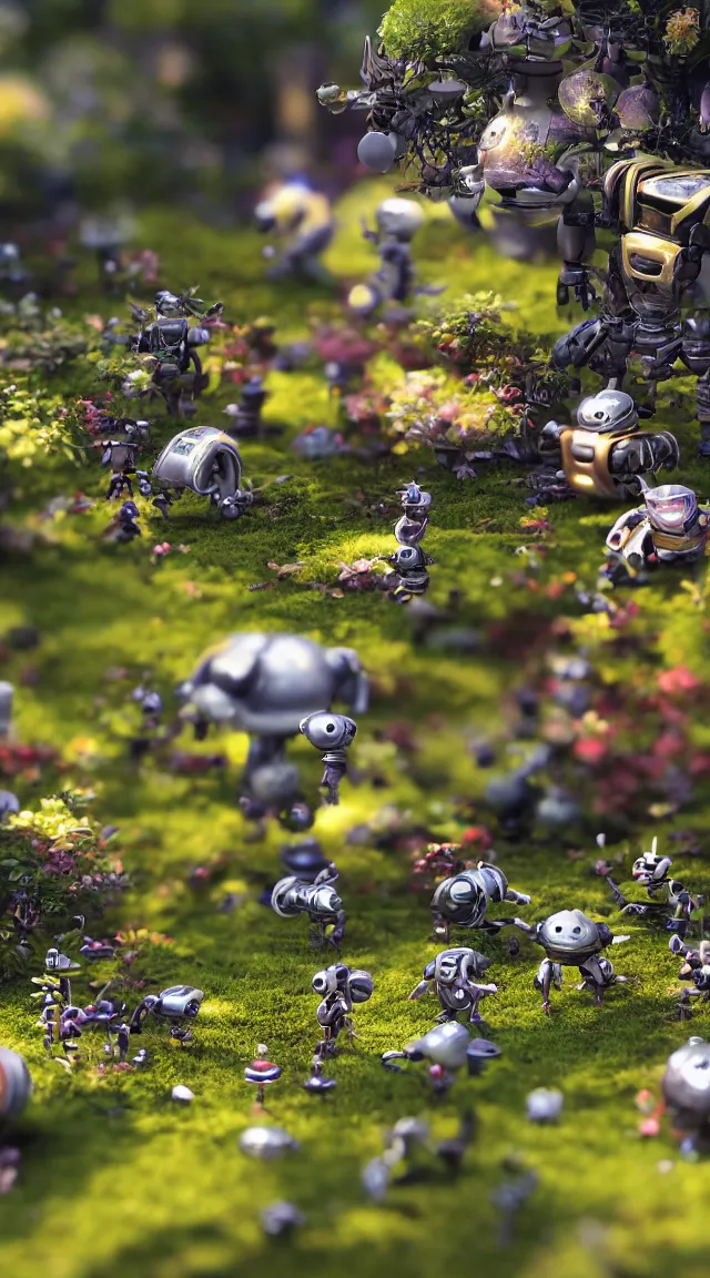 Image similar to tiny robots in a garden, hyper detailed, sharp focus, bokeh, unreal engine, ray tracing, cute, fantasy, sci fi