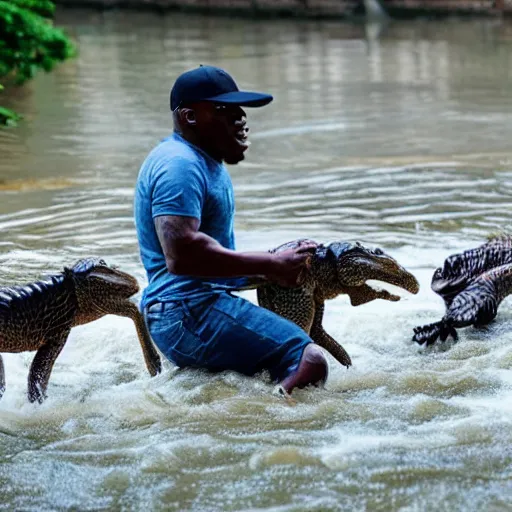 Prompt: DaBaby walking into river full of crocodiles riding a giant baseball cap